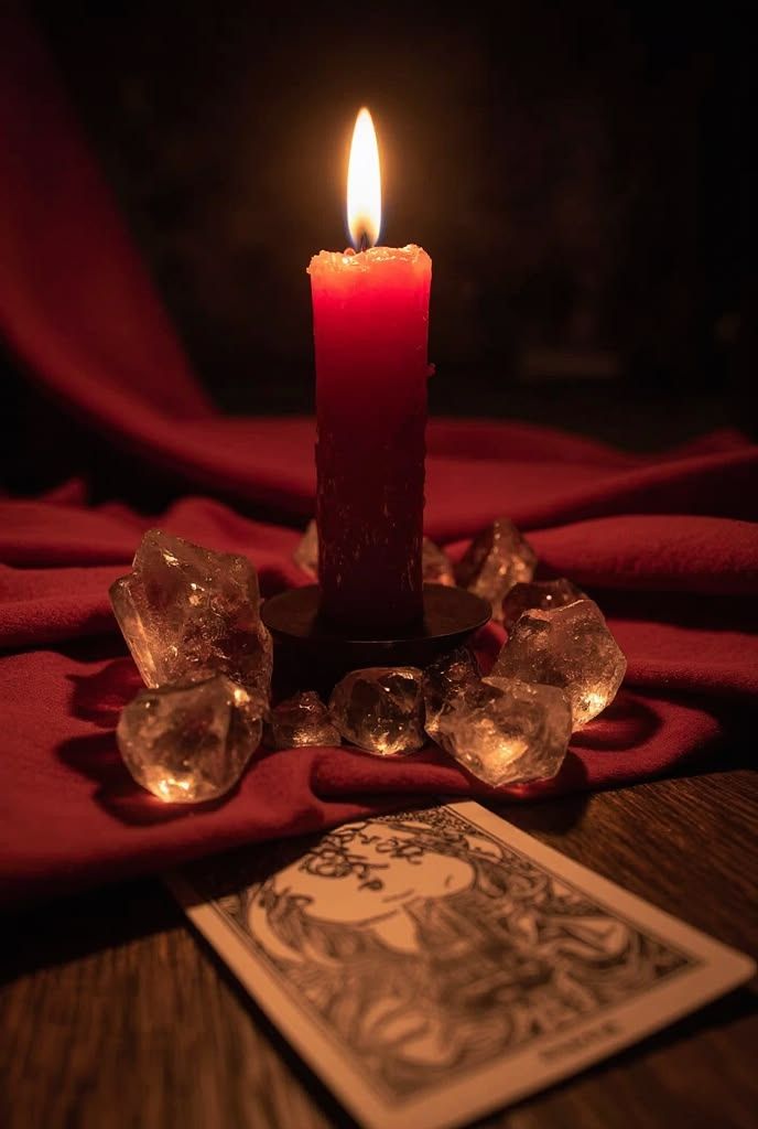 Candela rossa accesa tra cristalli e una carta
